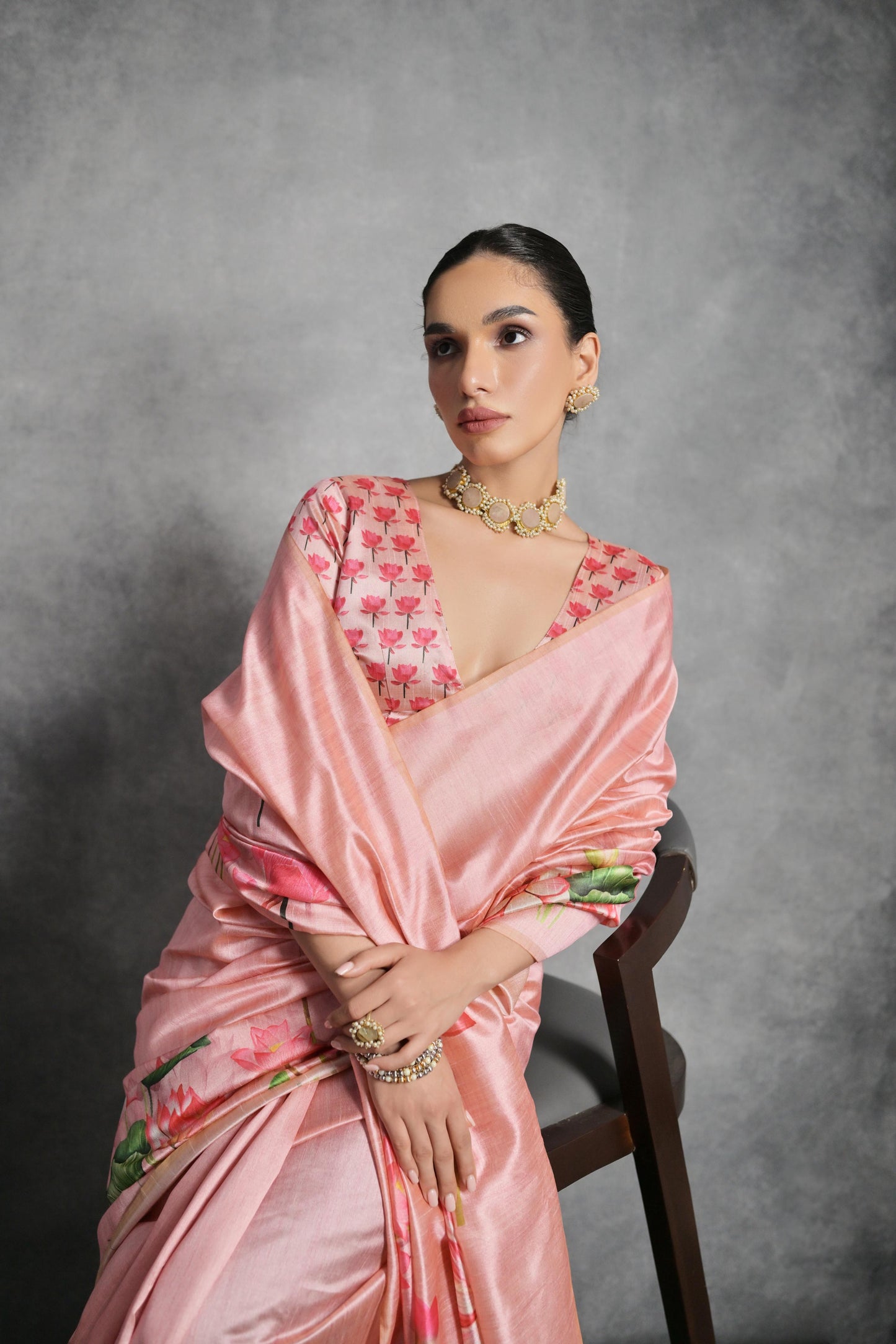 Soft Italian Silk Saree with Lotus floral Print -PINK