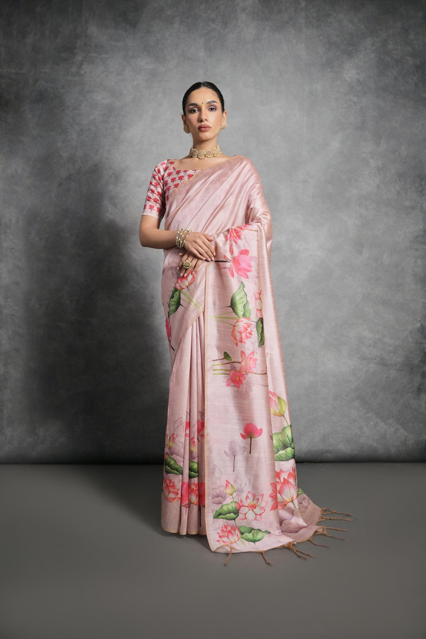 Soft Italian Silk Saree with Lotus floral Print -PEACH