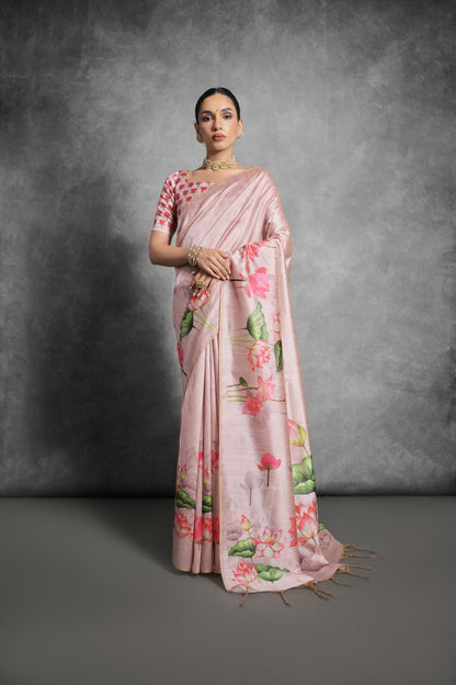 Soft Italian Silk Saree with Lotus floral Print -PEACH