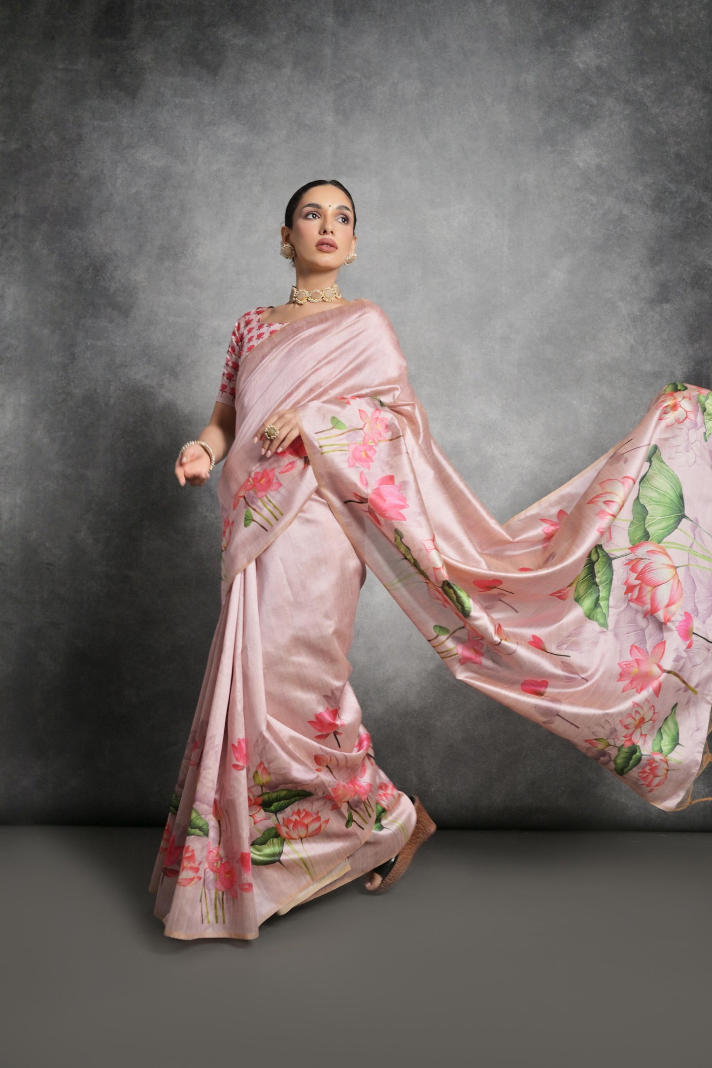 Soft Italian Silk Saree with Lotus floral Print -PEACH