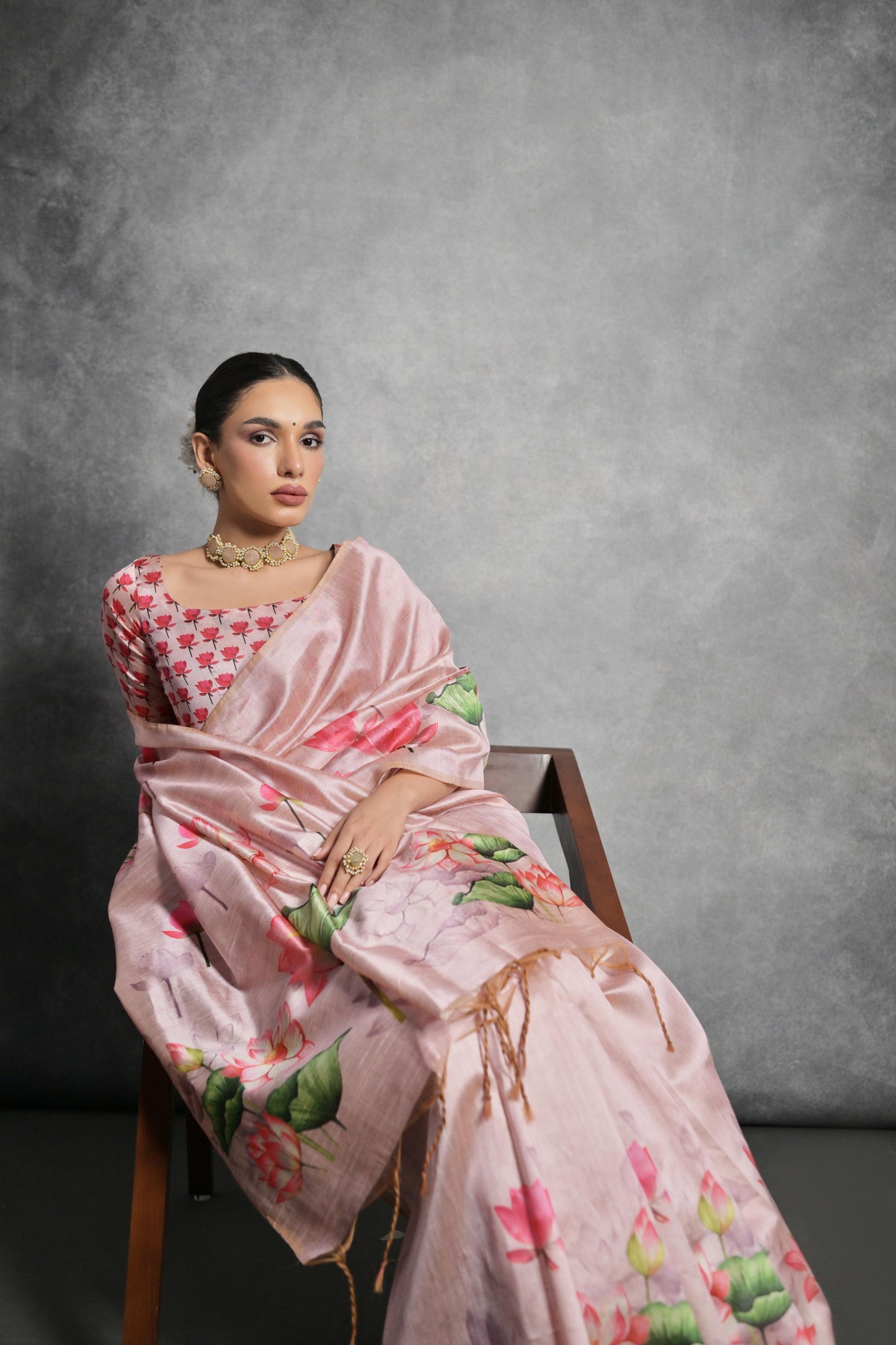 Soft Italian Silk Saree with Lotus floral Print -PEACH