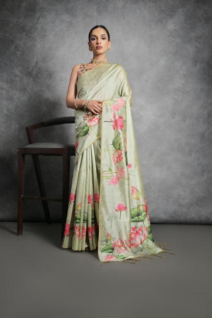 Soft Italian Silk Saree with Lotus floral Print - PISTA