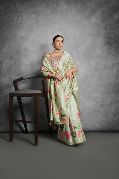 Soft Italian Silk Saree with Lotus floral Print - PISTA