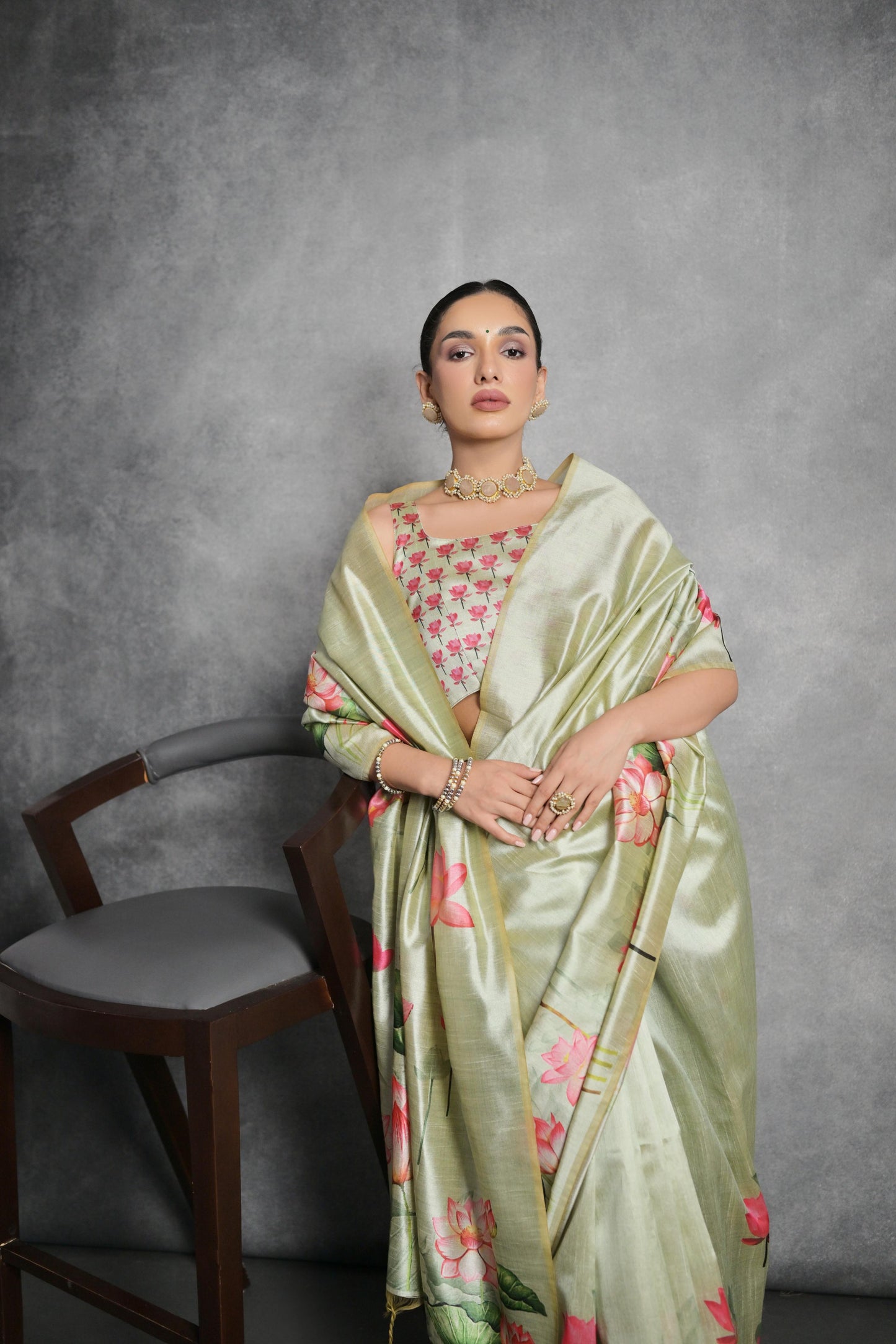 Soft Italian Silk Saree with Lotus floral Print - PISTA