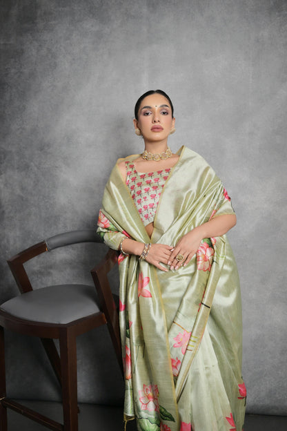 Soft Italian Silk Saree with Lotus floral Print - PISTA