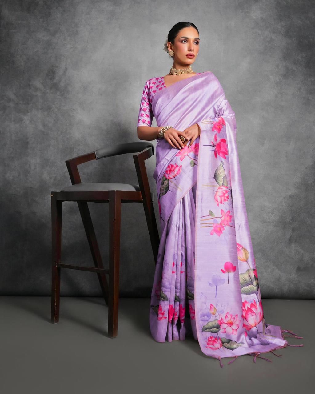 Soft Italian Silk Saree with Lotus floral Print -BABY  PINK
