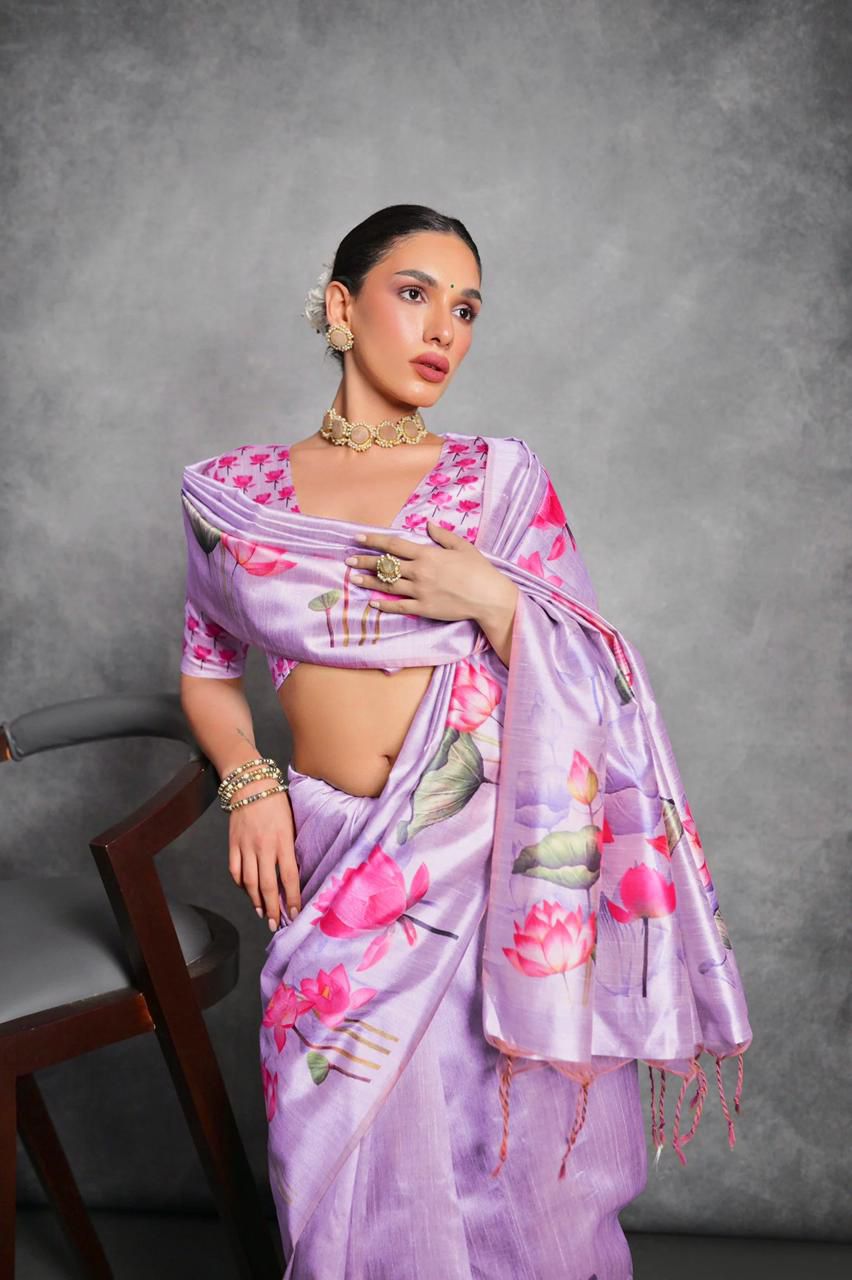 Soft Italian Silk Saree with Lotus floral Print -BABY  PINK