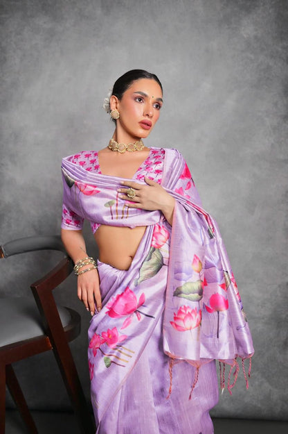 Soft Italian Silk Saree with Lotus floral Print -BABY  PINK