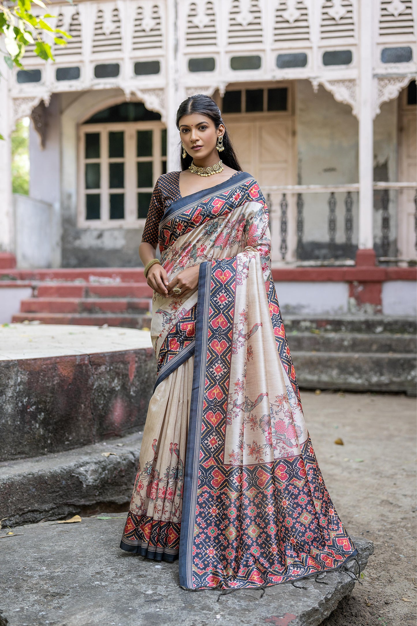Soft Tussar Silk Saree with patola print - BLACK