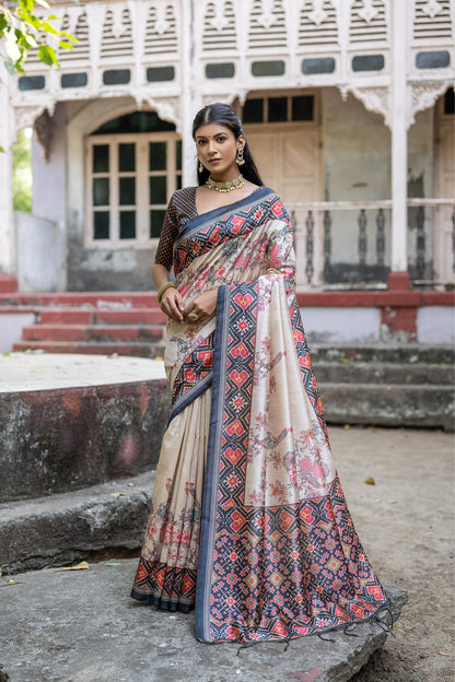 Soft Tussar Silk Saree with patola print - BLACK