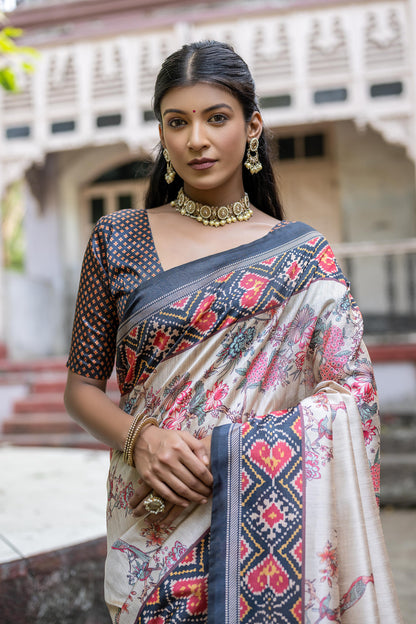 Soft Tussar Silk Saree with patola print - BLACK