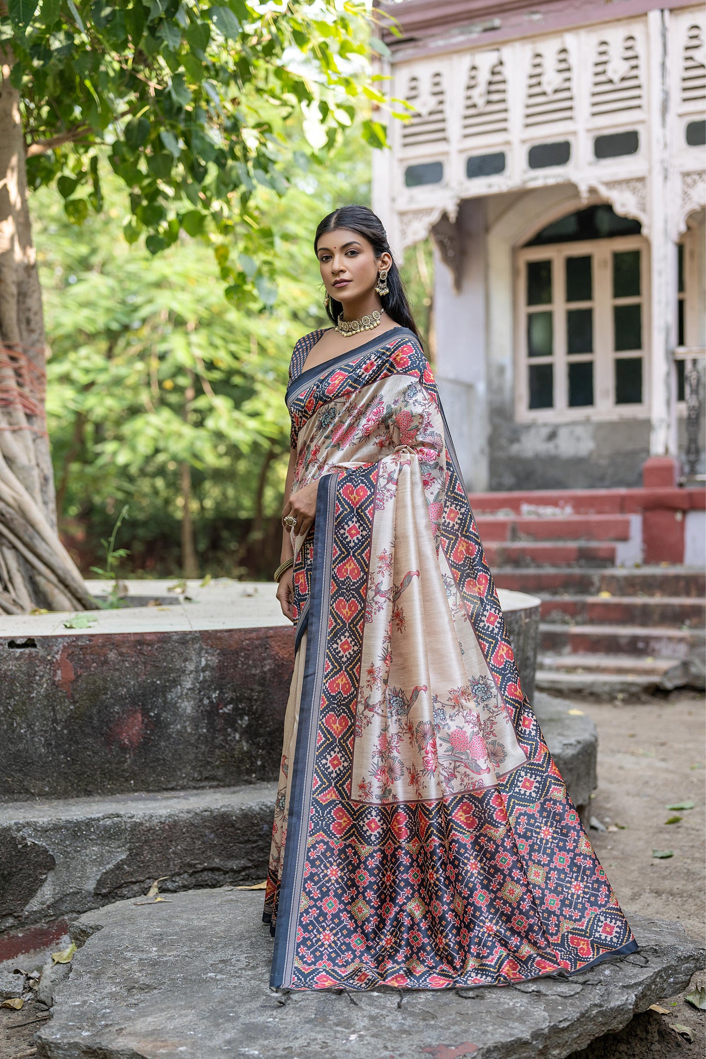 Soft Tussar Silk Saree with patola print - BLACK