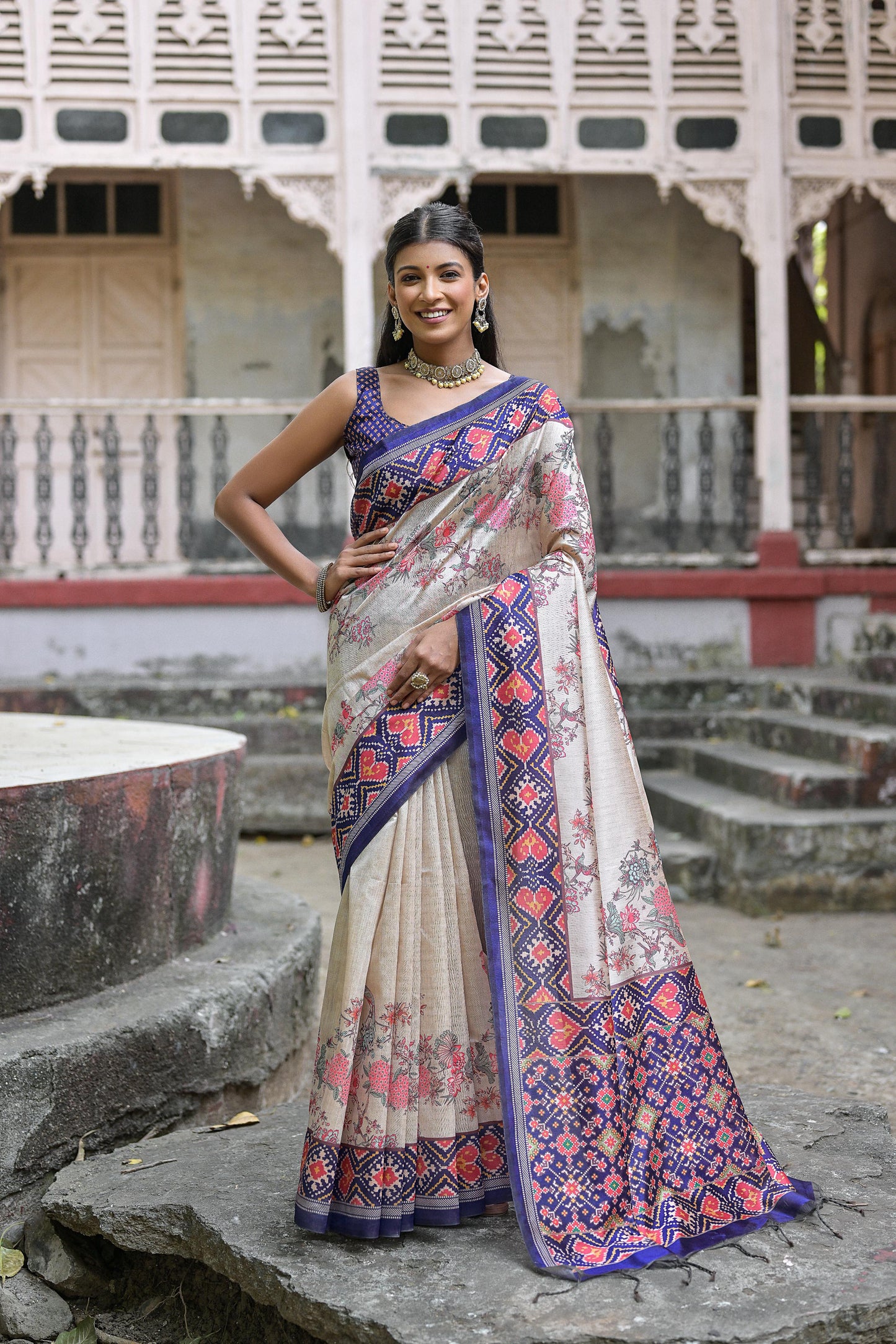 Soft Tussar Silk Saree with patola print - BLUE