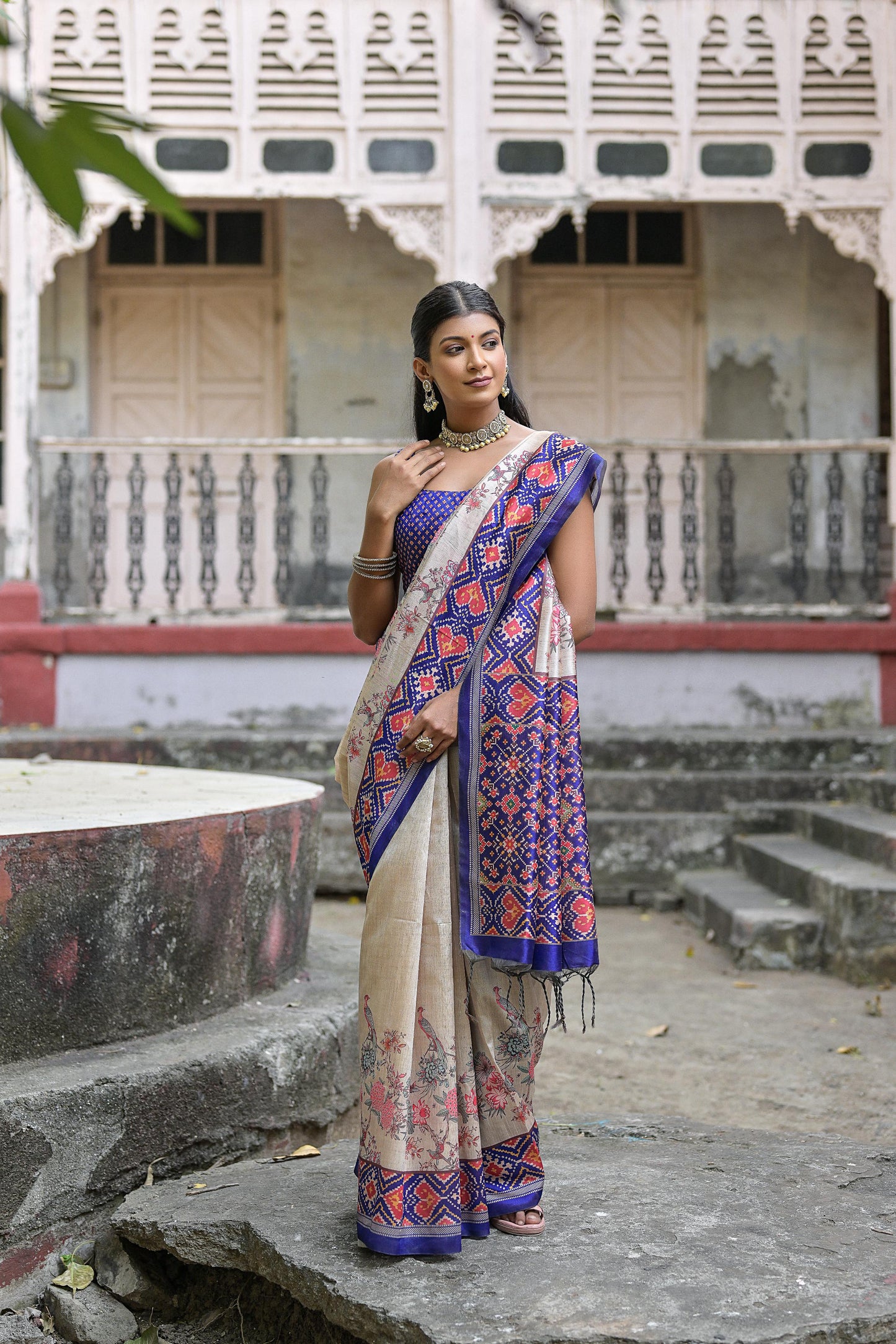 Soft Tussar Silk Saree with patola print - BLUE