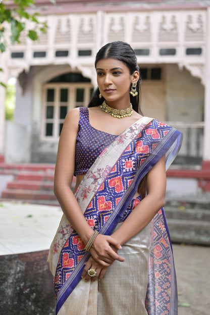 Soft Tussar Silk Saree with patola print - BLUE