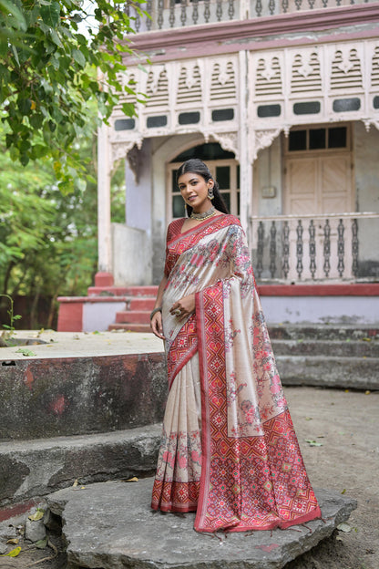 Soft Tussar Silk Saree with patola print - RED