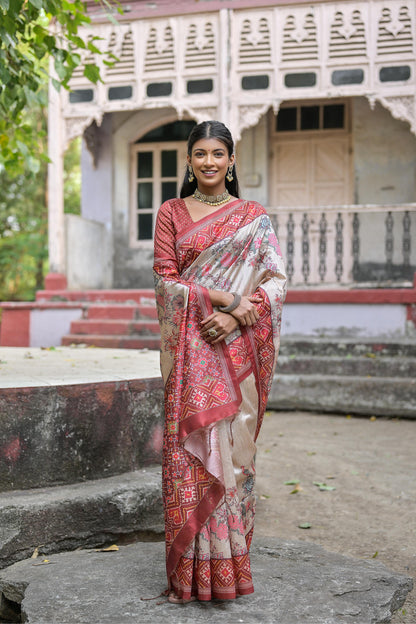 Soft Tussar Silk Saree with patola print - RED