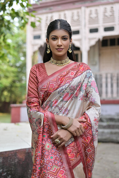 Soft Tussar Silk Saree with patola print - RED