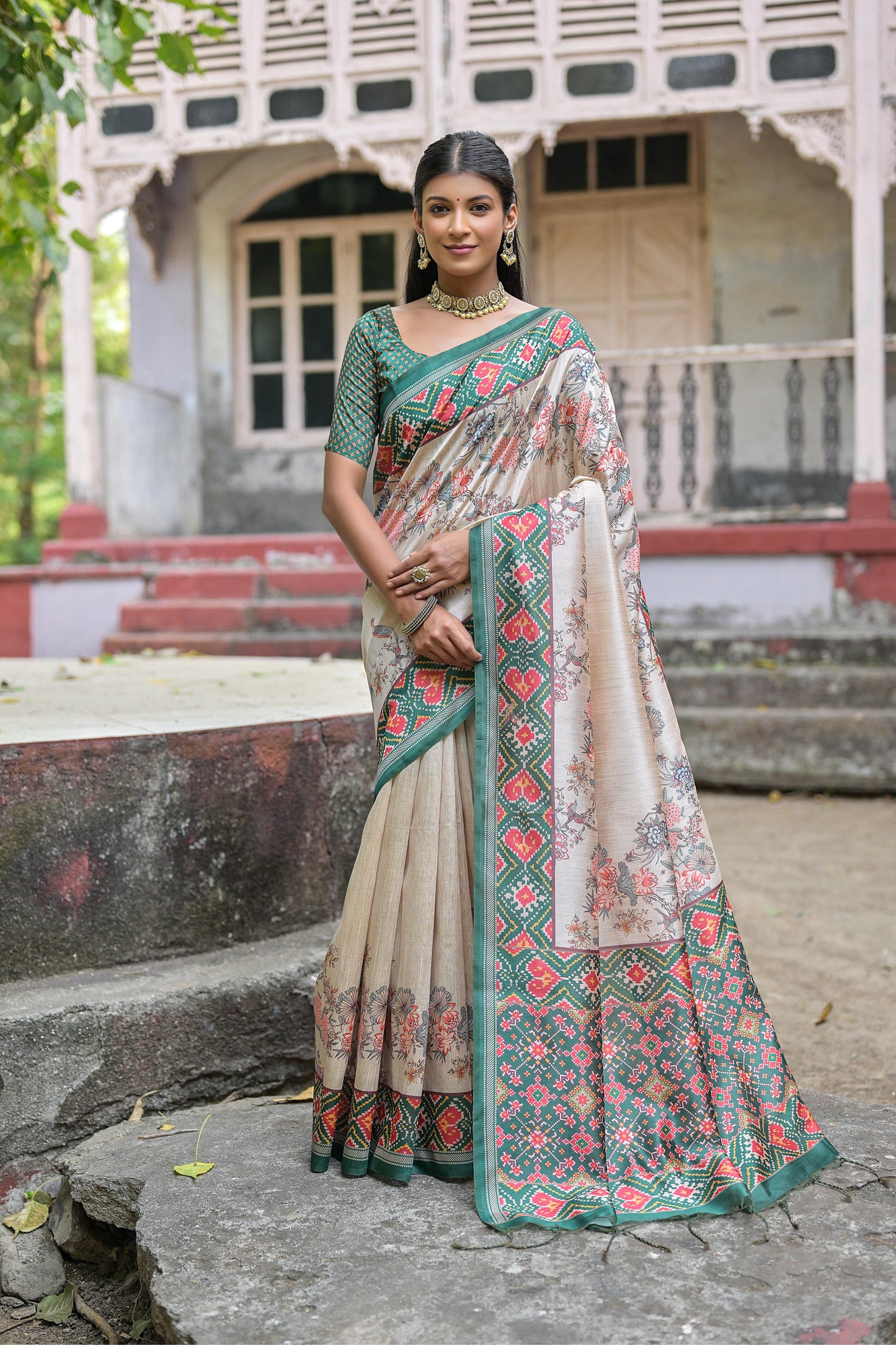 Soft Tussar Silk Saree with patola print - GREEN