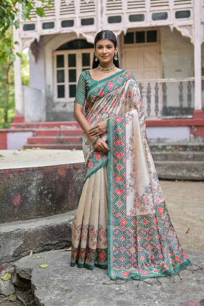 Soft Tussar Silk Saree with patola print - GREEN