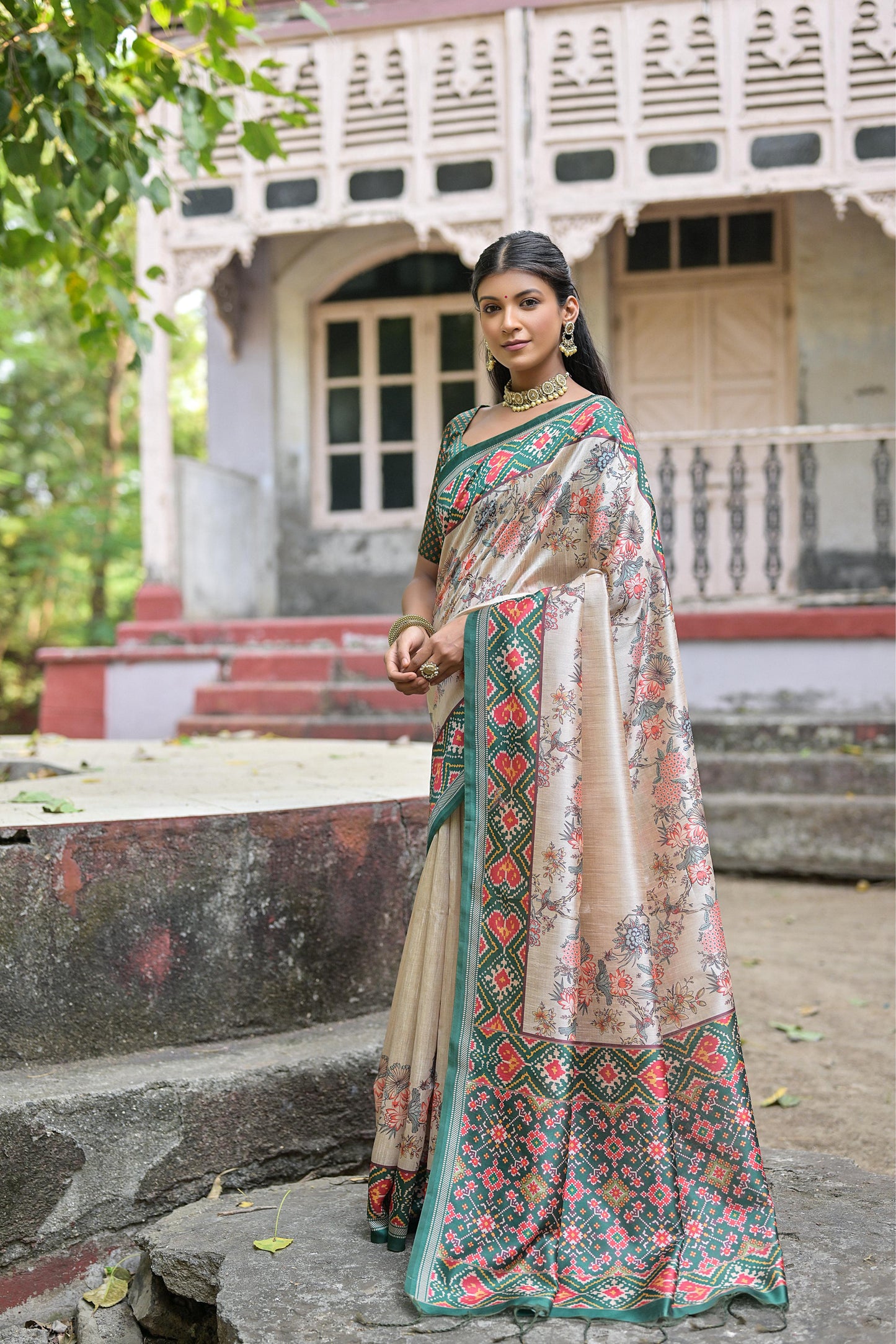 Soft Tussar Silk Saree with patola print - GREEN