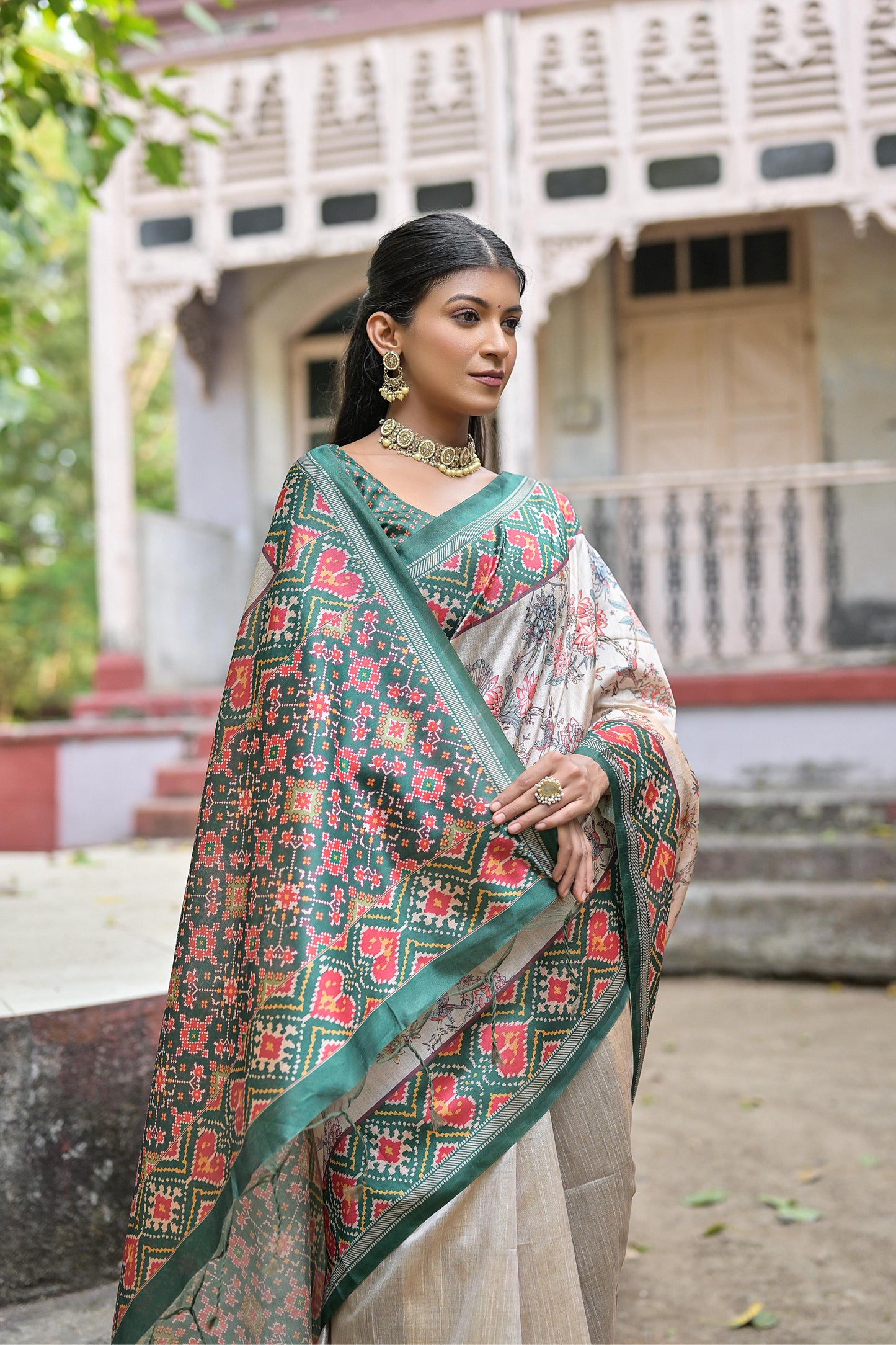 Soft Tussar Silk Saree with patola print - GREEN