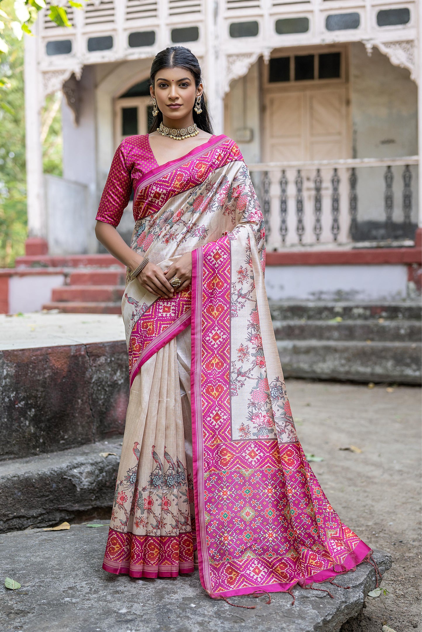 Soft Tussar Silk Saree with patola print - PINK