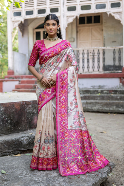 Soft Tussar Silk Saree with patola print - PINK