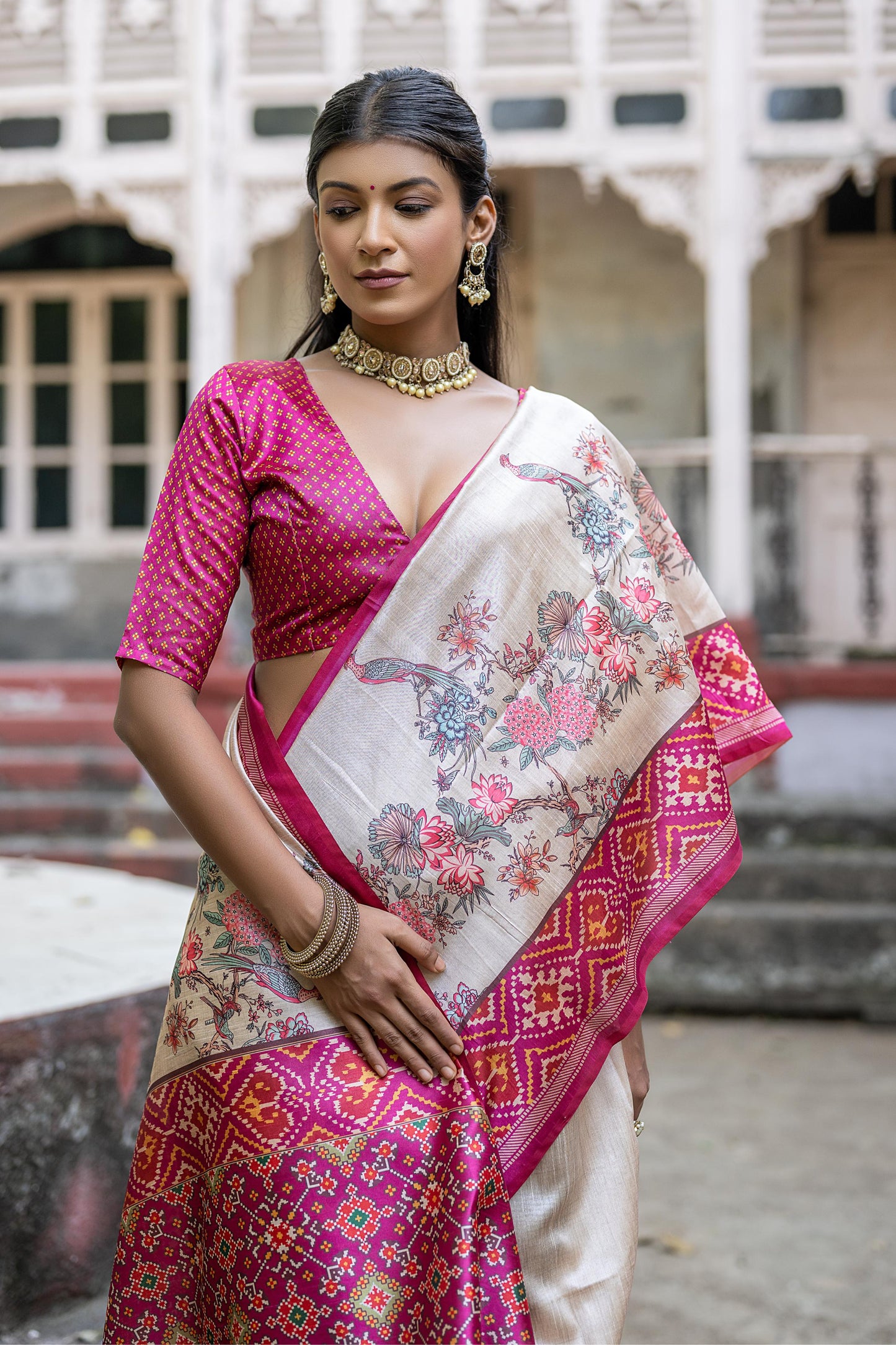 Soft Tussar Silk Saree with patola print - PINK