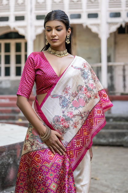 Soft Tussar Silk Saree with patola print - PINK