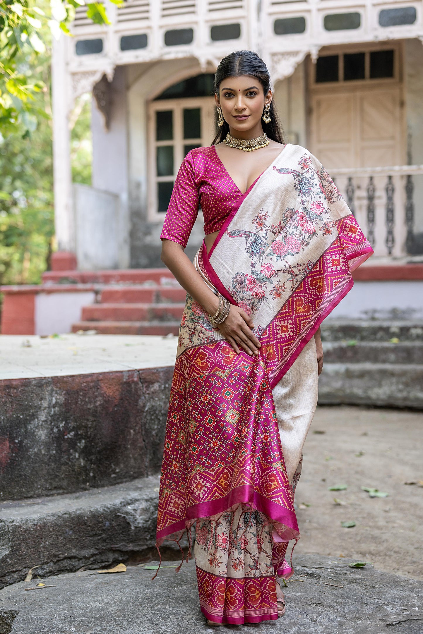 Soft Tussar Silk Saree with patola print - PINK