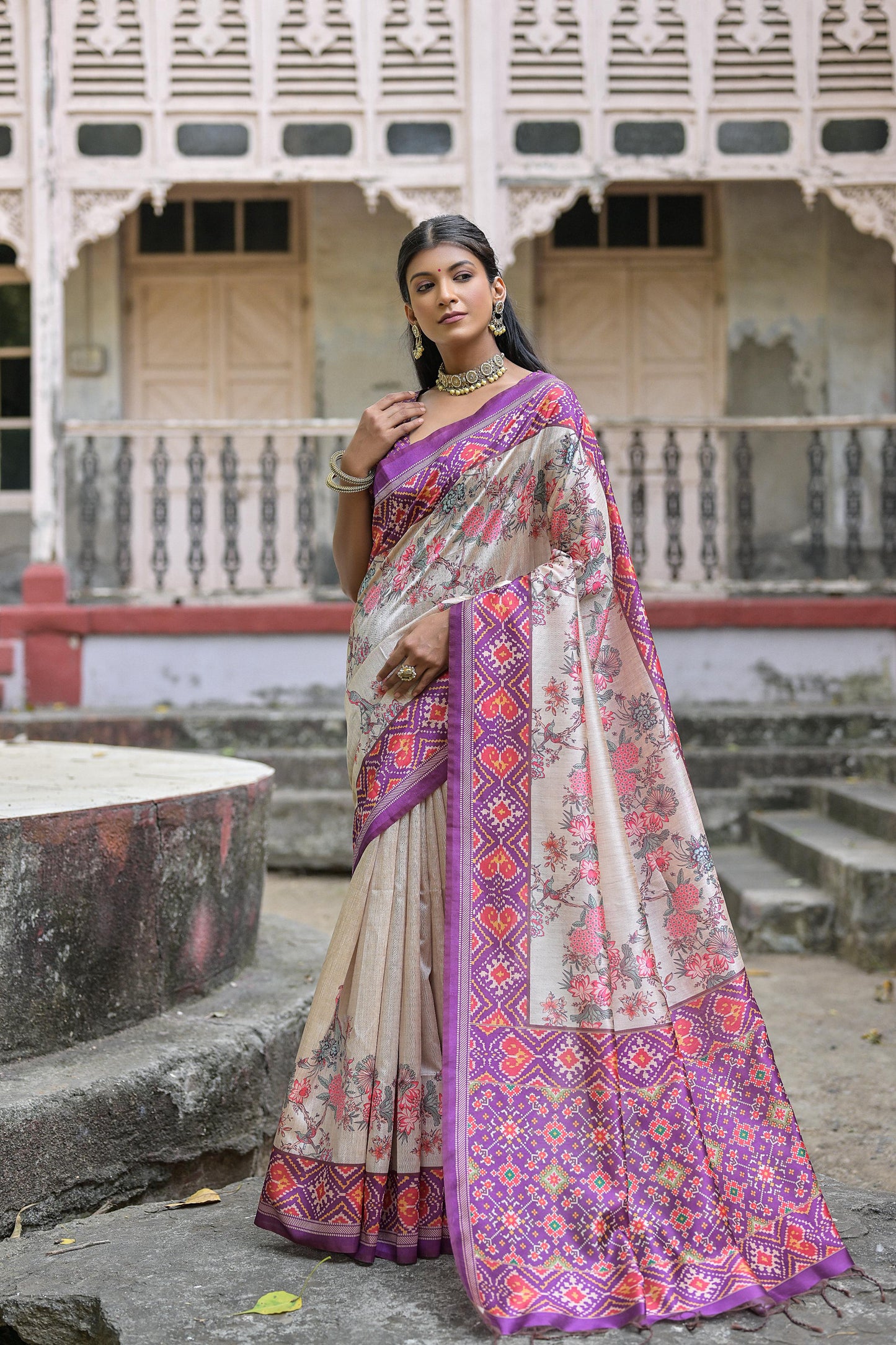 Soft Tussar Silk Saree with patola print - WINE