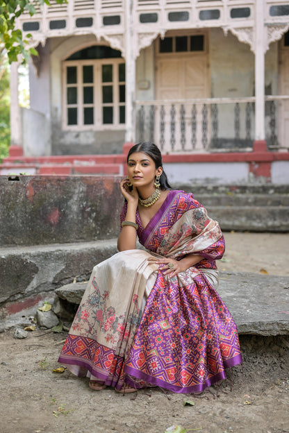 Soft Tussar Silk Saree with patola print - WINE