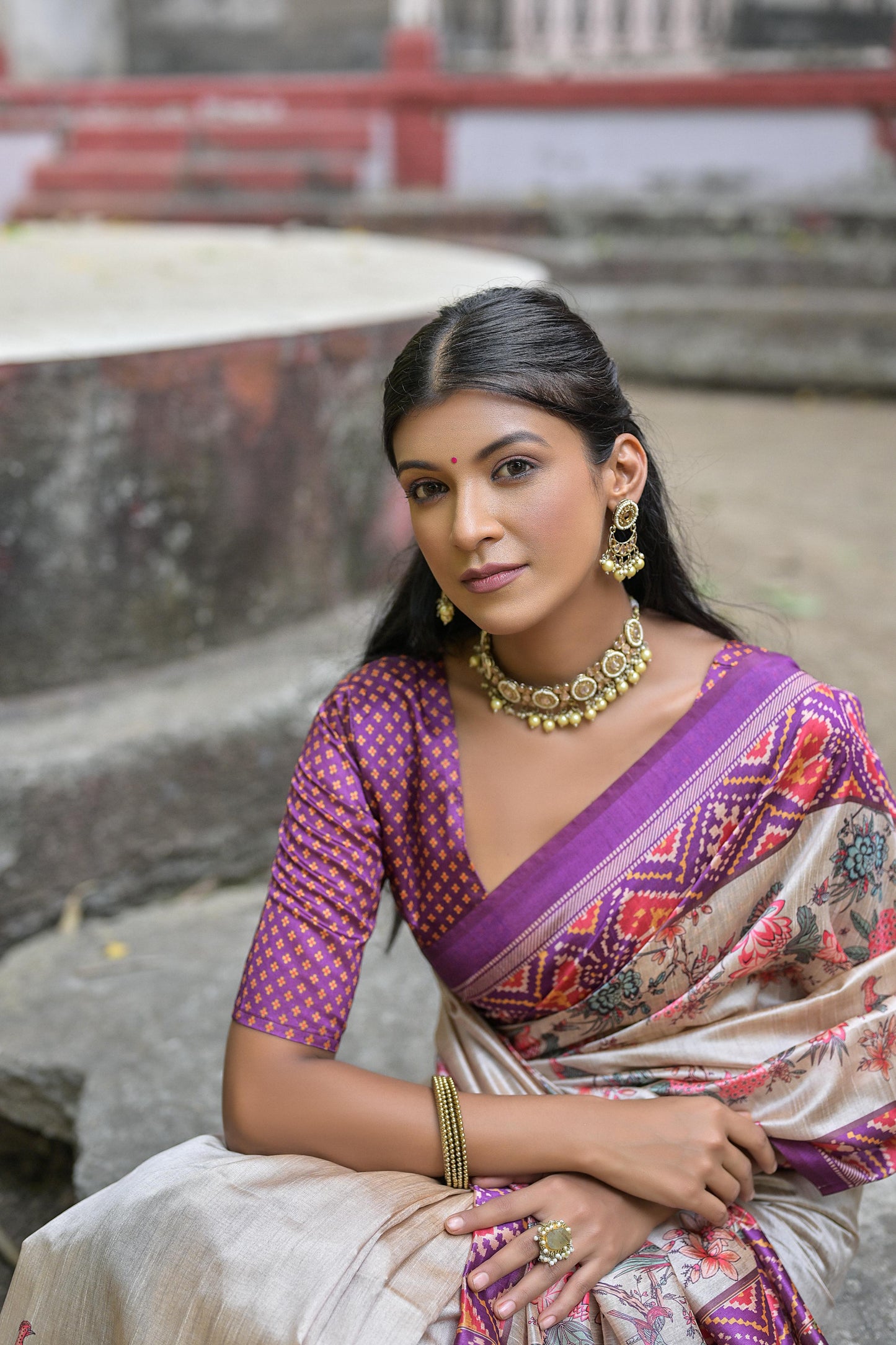 Soft Tussar Silk Saree with patola print - WINE
