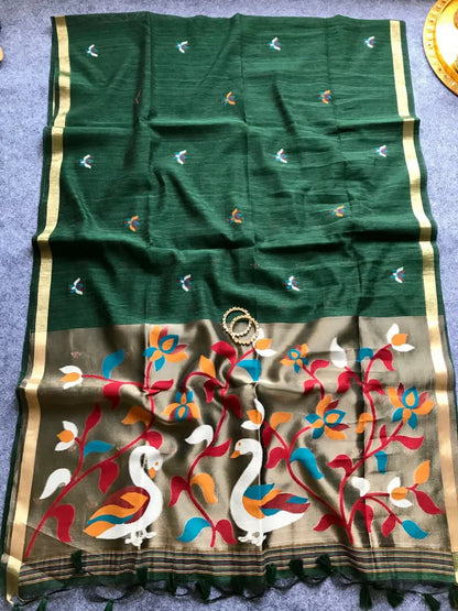 PURE MUSLIN LINEN ZARI JAMDANI SAREE-GREEN