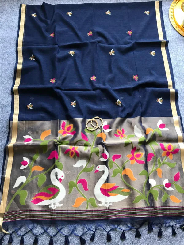 PURE MUSLIN LINEN ZARI JAMDANI SAREE-BLUE
