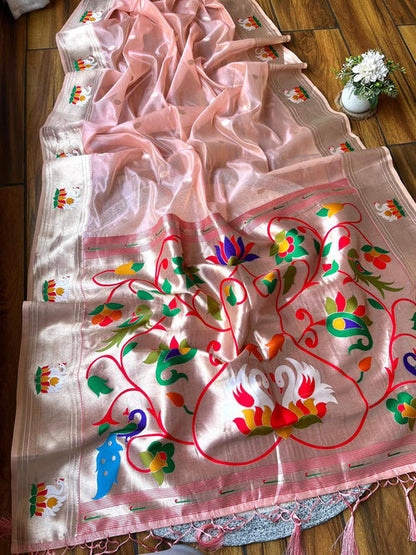 Organza Tissue Paithani Silk Saree - Baby Pink
