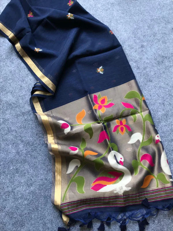 PURE MUSLIN LINEN ZARI JAMDANI SAREE-BLUE