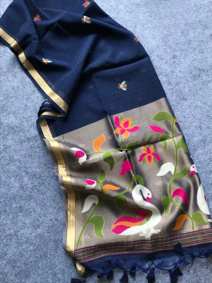 PURE MUSLIN LINEN ZARI JAMDANI SAREE-BLUE