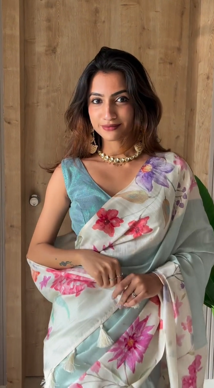 Bloom Handloom Tussar Silk Saree - Blue