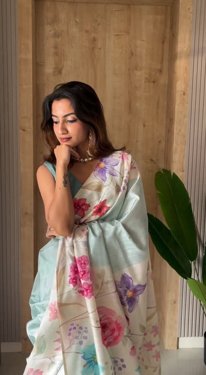 Bloom Handloom Tussar Silk Saree - Blue