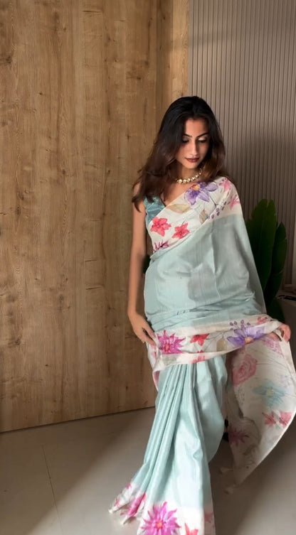 Bloom Handloom Tussar Silk Saree - Blue
