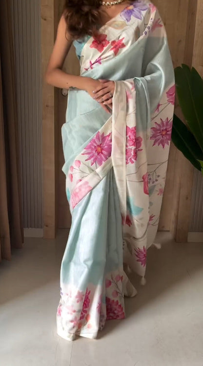 Bloom Handloom Tussar Silk Saree - Blue