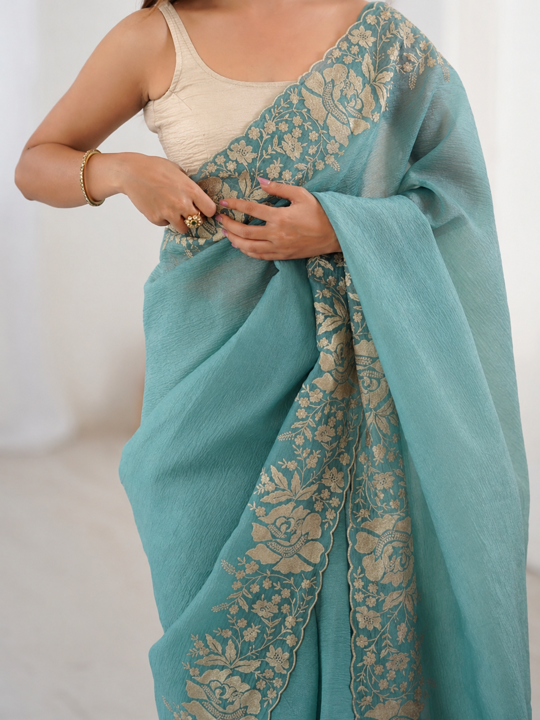 Elegant Aqua Blue Crush Organza Embroidered Saree