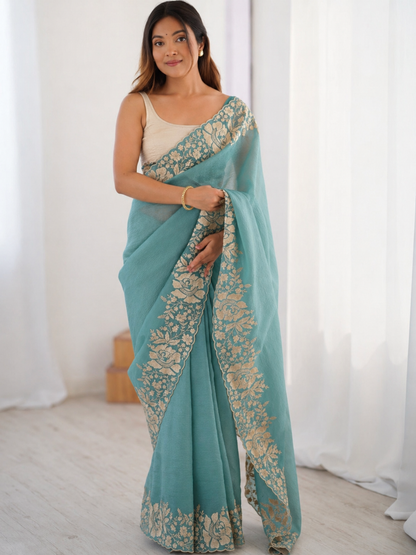 Elegant Aqua Blue Crush Organza Embroidered Saree