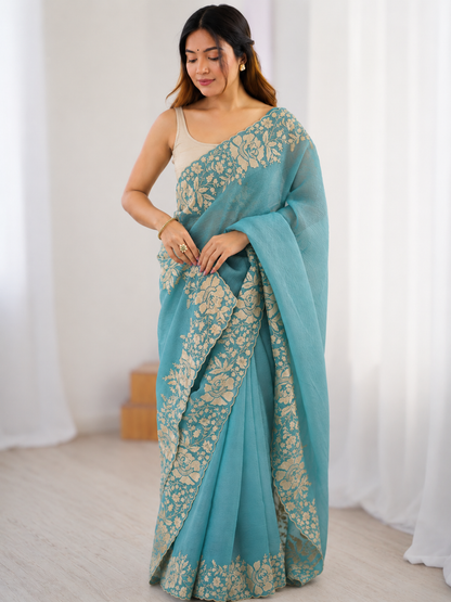 Elegant Aqua Blue Crush Organza Embroidered Saree