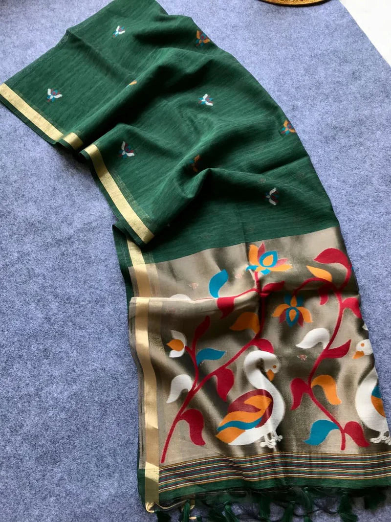 PURE MUSLIN LINEN ZARI JAMDANI SAREE-GREEN