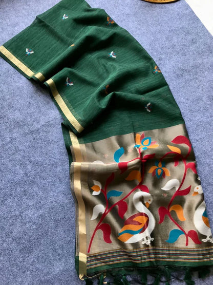 PURE MUSLIN LINEN ZARI JAMDANI SAREE-GREEN