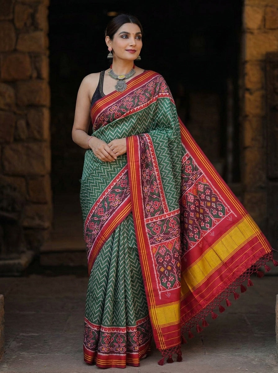 Soft Pure Patola Silk Double Ikat Printed Saree with Zari Stripe Border
