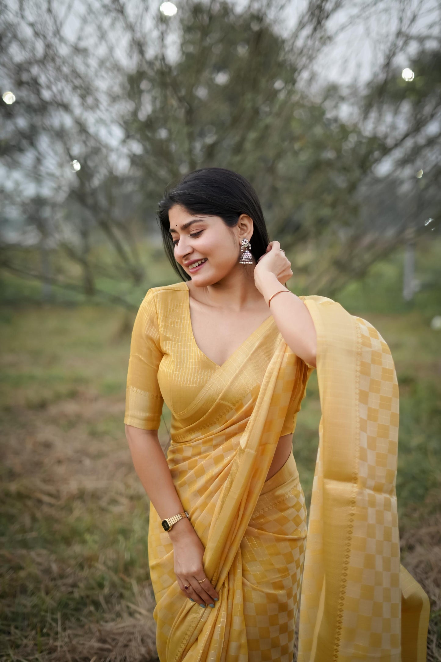 Tissue Zari Checks Soft Silk Saree - YELLOW